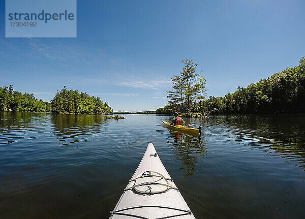 Zwei Kajaks werden an einem sonnigen Tag auf einem See in Ontario  Kanada  gepaddelt.