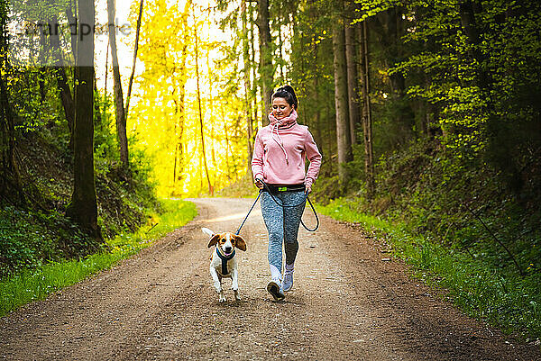 Junge Frau und Hund laufen zusammen in einem sonnigen Wald.