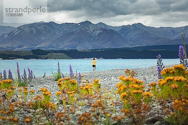 Kerl an einem Strand am Lake Tekapo  Region Canterbury  Mackenzie District  Südinsel  Neuseeland  Ozeanien