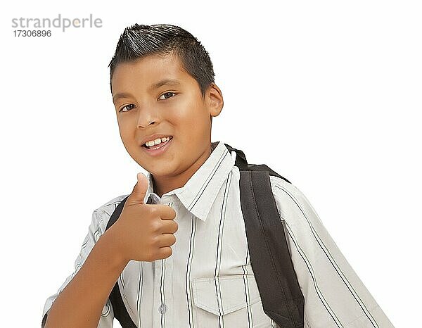 Glückliche junge hispanische Schule Junge mit Daumen nach oben vor einem weißen Hintergrund
