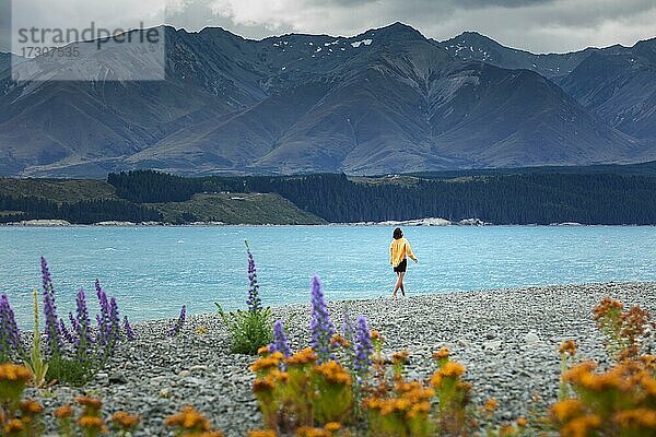 Kerl an einem Strand am Lake Tekapo  Region Canterbury  Mackenzie District  Südinsel  Neuseeland  Ozeanien