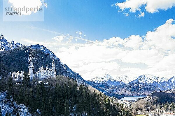 Luftaufnahme von Schloss Neuschwanstein  vor den Alpen  Schwangau Bayern  Deutschland  Europa