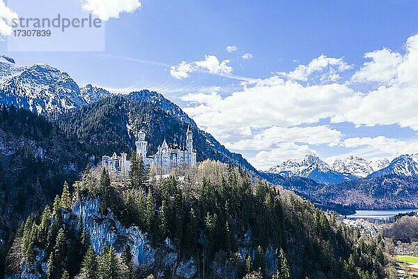 Luftaufnahme von Schloss Neuschwanstein  vor den Alpen  Schwangau Bayern  Deutschland  Europa