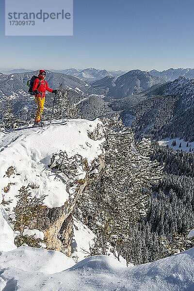 Junge Frau auf Skitour  Skitourengeher auf Tour zum Teufelstättkopf  Ammergauer Alpen  Unterammergau  Bayern  Deutschland  Europa