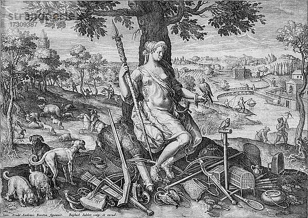 Göttin der Jagd  Kupferstich von Raphael Sadeler nach Johannes Stradanus  1597  Venedig