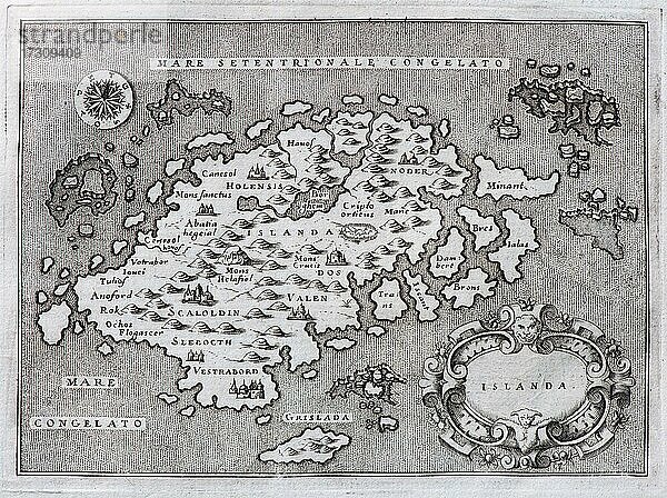 Island  Kupferstich-Landkarte von Tomaso Porcacchi und Girolam Porro  1572  Venedig  Italien  Europa