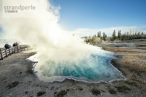 Dampfende heiße Quelle mit türkisem Wasser in der Morgensonne  Black Pool  West Thumb Geyser Basin  Yellowstone National Park  Wyoming  USA  Nordamerika