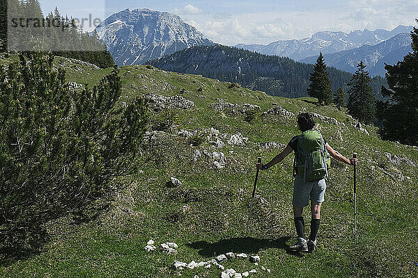 Frau beim Wandern in idyllischen  sonnigen Bergen  Bayern  Deutschland