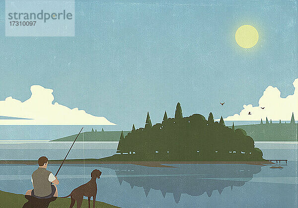 Mann mit Hund beim Angeln am sonnigen  idyllischen Sommersee