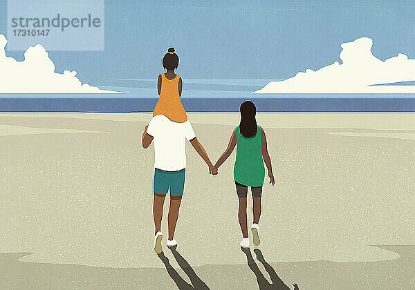 Familie hält Hände zu Fuß auf sonnigen ruhigen Ozean Strand