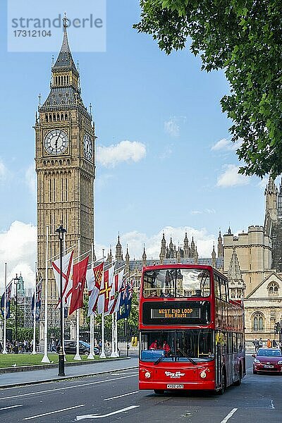 Roter Doppeldecker Bus  Palace of Westminster  Houses of Parliament  Big Ben  City of Westminster  London  England  Großbritannien  Europa