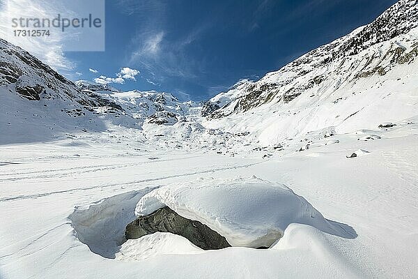 Verschneiter Gletscher  Morteratschgletscher  Berninagruppe  Engadin  Graubünden  Schweiz  Europa