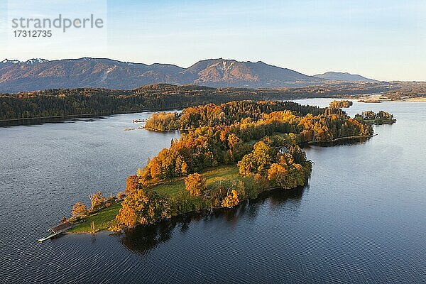 Insel Wörth  Staffelsee  Morgenlicht im Herbst  Drohnenaufnahme  Alpenvorland  Oberbayern  Bayern  Deutschland  Europa