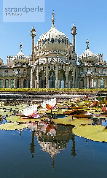 Royal Pavilion Palast spiegelt sich in einem Teich mit Seerosen  Brighton  East Sussex  England  Großbritannien  Europa