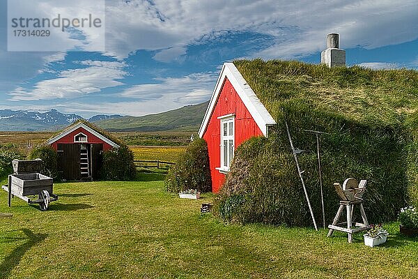 Traditionelles  mit Torf geschütztes Holzhaus Lindarbakki  Bakkagerði  Borgarfjörður  Island  Europa