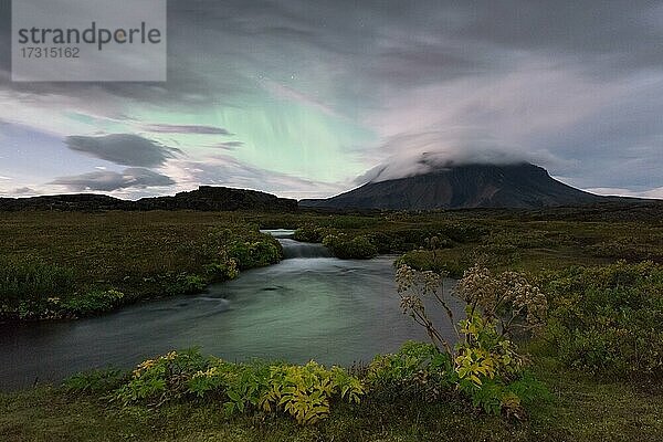 Nordlichter  Oase (aurora borealis)  Herðubreiðarlindir  im Hintergrund Tafelvulkan Herðubreið oder Herdubreid  isländisches Hochland  Island  Europa