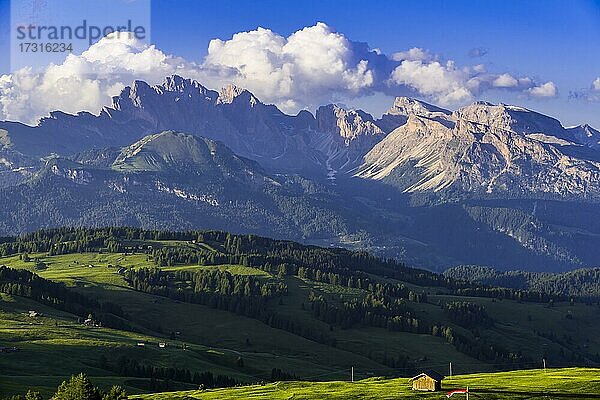 Blick über die Seiseralm (Vordergrund) auf die Gipfel der Geisler-Gruppe und das Cisles-Tal  Südtirol  Italien  Europa