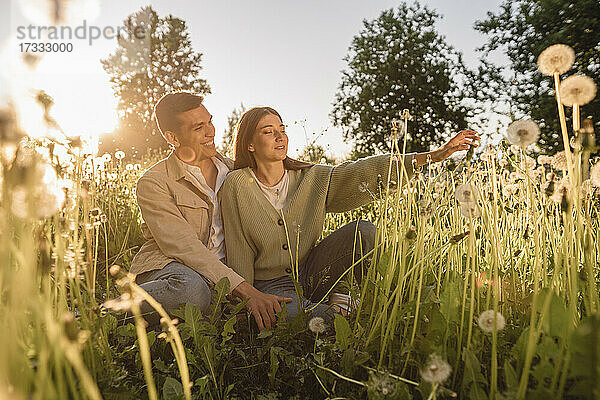 Glückliches junges Paar genießt den Sonnenuntergang inmitten von Blumen auf einer Wiese