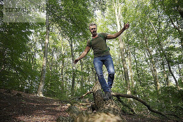 Mann mit ausgestreckten Armen auf umgestürztem Baum im Wald gehend