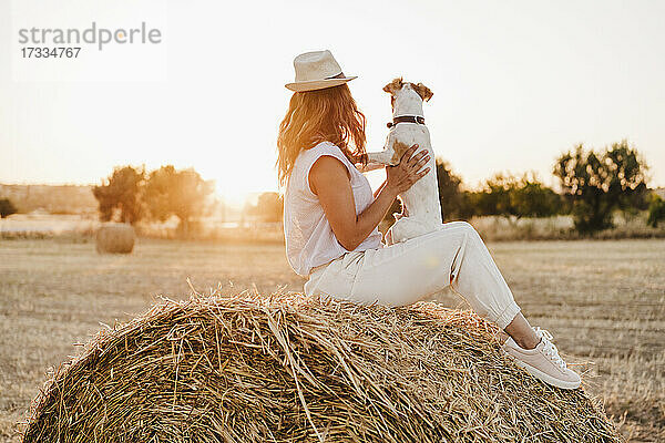 Frau mit Hund auf Strohballen sitzend auf einem Bauernhof bei Sonnenuntergang