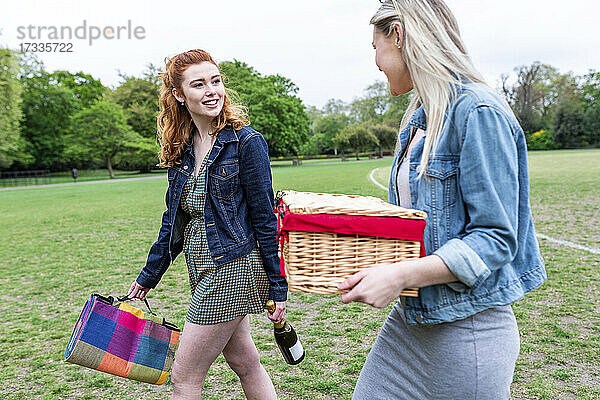 Lächelnde Freunde halten Picknickdecke und Korb beim Spaziergang im Park