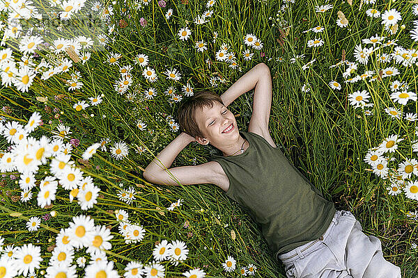 Lächelnder Junge mit Händen hinter dem Kopf auf Kamillenpflanzen im Feld liegend
