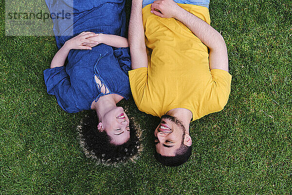 Lächelndes junges Paar  das zusammen auf dem Rasen eines Parks liegt