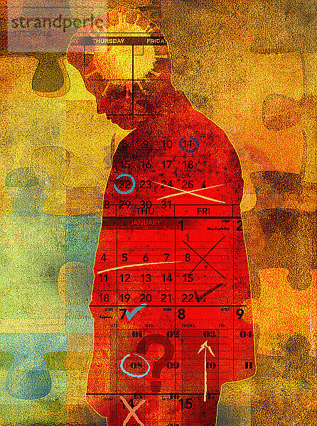 Trauriger Mann denkt an Coronavirus und Termine im Kalender