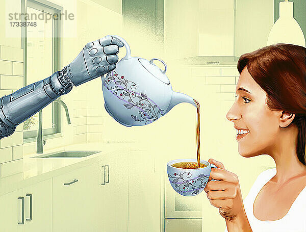 Roboterarm schenkt einer Frau Tee ein