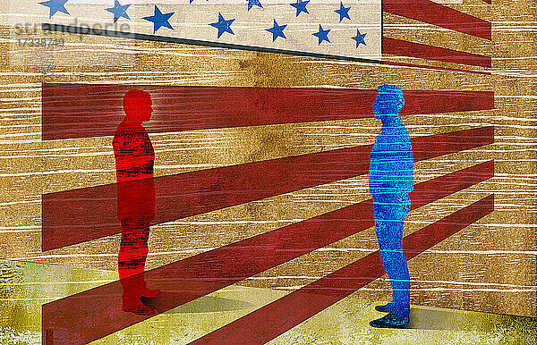 Rote und blaue Männer durch amerikanische Flagge getrennt
