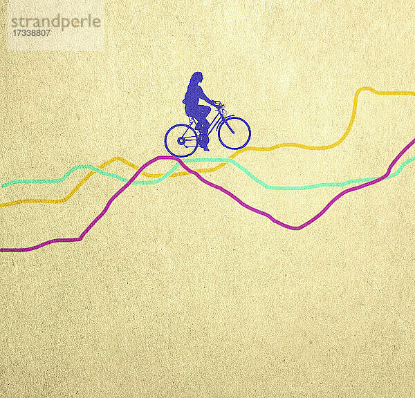 Frau fährt mit dem Fahrrad entlang einer Linie Diagramme