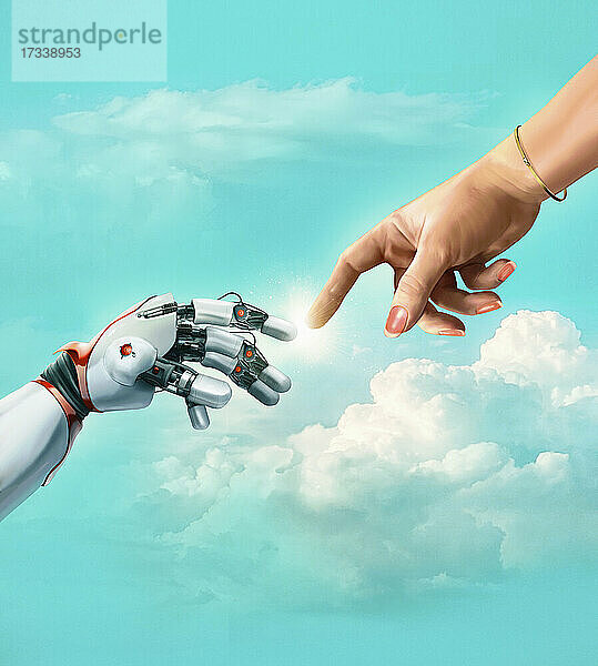 Roboter und weibliche Hand  die sich berühren
