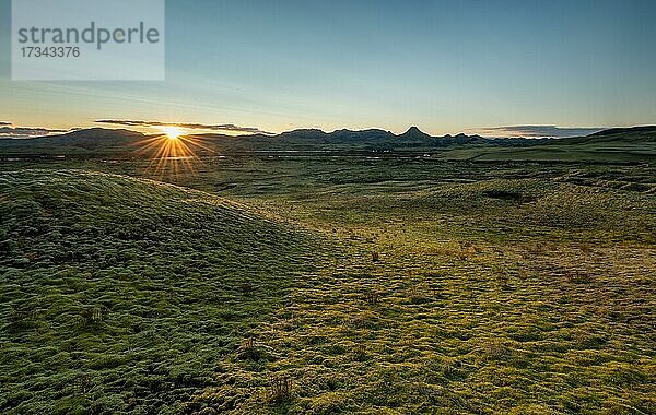 Gegenlicht  Sonnenuntergang  Moos bewachsene Vulkan-Landschaft  Laki-Krater oder Lakagígar  Hochland  Süd-Island  Suðurland  Island  Europa