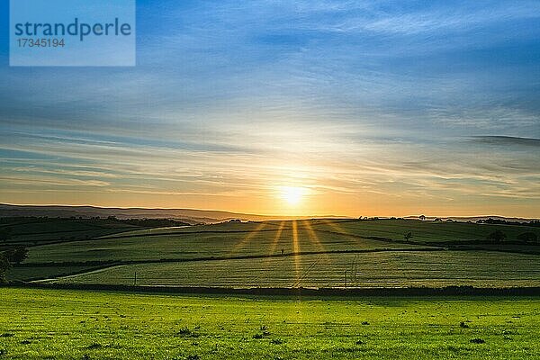 Sonnenuntergang über Felder in Berry Pomeroy Village  Devon  England  Großbritannien  Europa