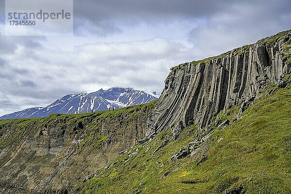 Basaltfelsen und im Hintergrund der Snäfell  Wasserfallrunde Laugafellhütte  Fljótsdalur  Austurland  Island  Europa