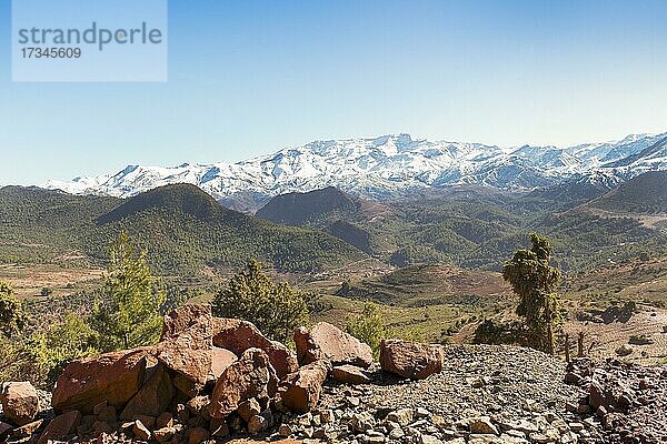 Schönes Ourika-Tal mit Hohem Atlasgebirge im Hintergrund  Marokko  Afrika
