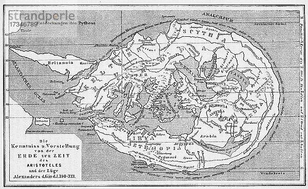 Kenntnisse und Vorstellung der Erde zur zeit des Aristoteles  Eroberungszüge (340-333) Alexander des Großen  historische Weltkarte  Illustration von 1881