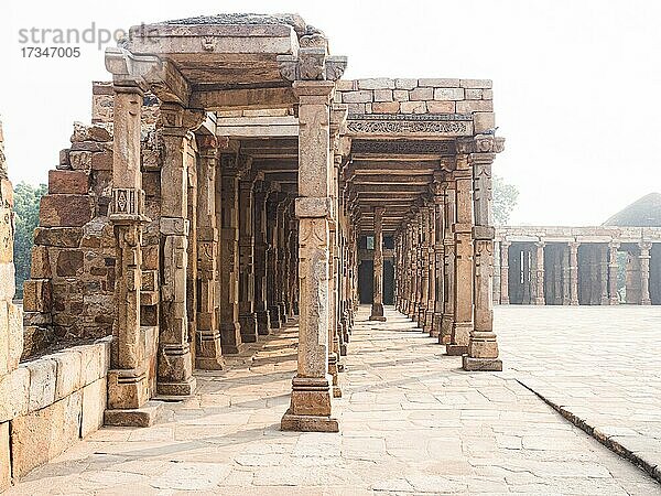 Mit Ornamenten verzierte Steinsäulen  Qutb Komplex  UNESCO-Weltkulturerbe  Delhi  Indien  Asien