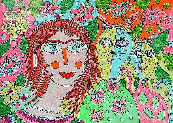 Junge Frau mit zwei Katzen  naive Illustration