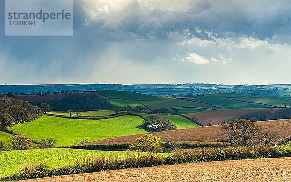 Dramatische Wolken und Himmel über den Feldern von Berry Pomeroy  Devon  England  Großbritannien  Europa