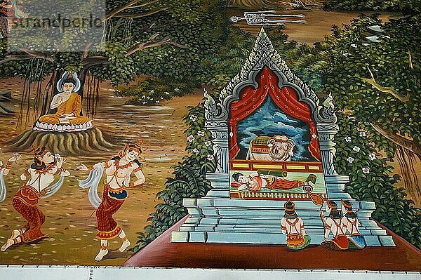 Wandgemälde mit Tänzerinnen und Buddha in buddhistischer Tempel  Kloster Wat Sri Sunthon  Insel Phuket  Thailand  Asien