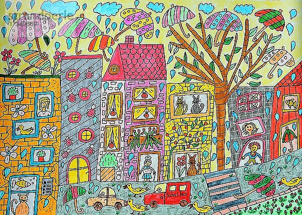 Häusser in der Stadt im Regen  naive Illustration