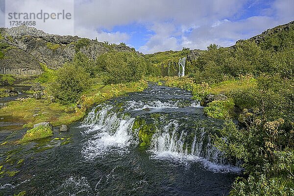 Wasserfälle in der grünen Oase Gjáin  Skeiða- og Gnúpverjahreppur  Suðurland  Island  Europa