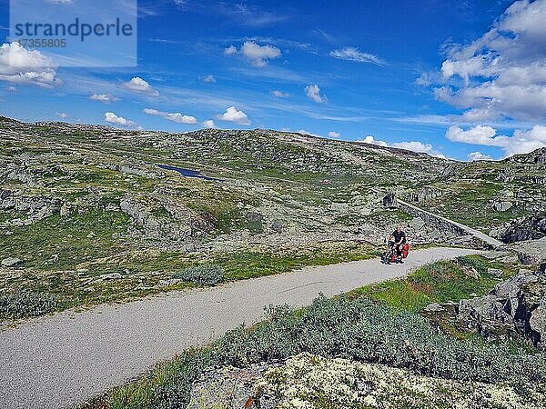 Radfahrer auf bergigem Schotterweg  der sich durch die Fjelllandschaft windet  Radreise  Abenteuer  Sommer  Rallarveien  Skandinavien