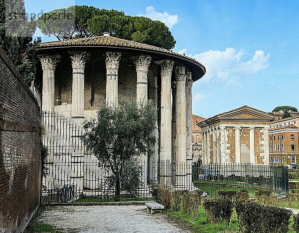 Links Tempel des Herkules Olivarius  rechts im Hintergrund Hafentempel  Tempel des Portunus  Forum Boarium  Rom  Latium  Italien  Europa