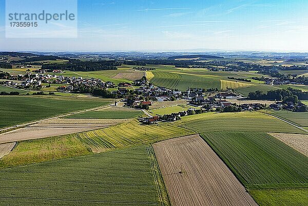 Drohnenaufnahme  Agrarlandschaft  Landwirtschaftliche Felder mit Ortschaft Schildorn  Innviertel  Oberösterreich  Österreich  Europa