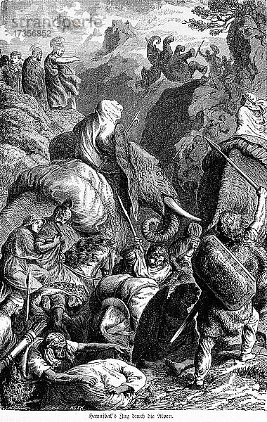 Hannibal´s historische Überquerung der Alpen  historische Illustration von 1881
