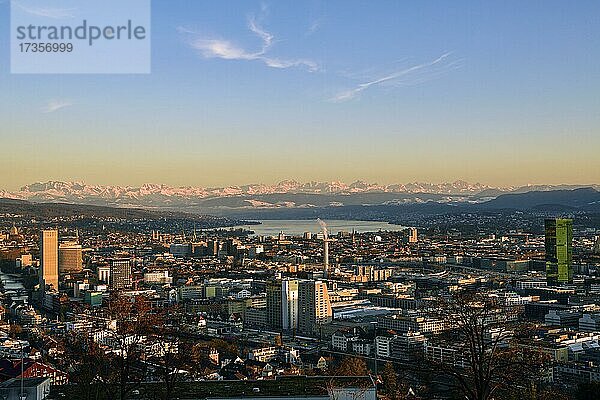 Panorama Zürich mit Zürichsee und Alpen  Zürich  Schweiz  Europa
