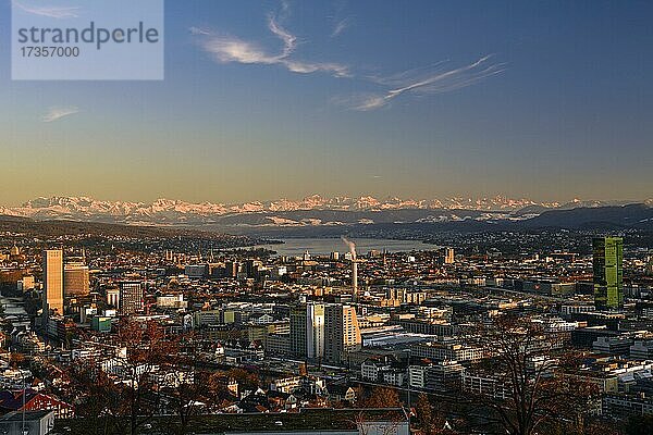 Panorama Zürich mit Zürichsee und Alpen  Zürich  Schweiz  Europa