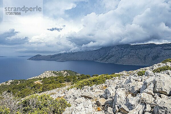 Blick über die Insel und Küste aufs Meer  Felslandschaft mit Macchia  Symi  Dodekanes  Griechenland  Europa